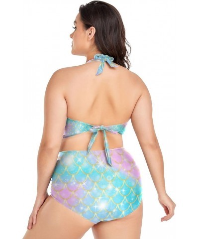 Plus Size Swimsuits for Women Rainbow Scales of Mermaid Womens Bikini Sets Sexy High Waisted Swimsuits Tummy Control Mermaid ...