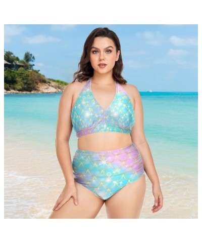 Plus Size Swimsuits for Women Rainbow Scales of Mermaid Womens Bikini Sets Sexy High Waisted Swimsuits Tummy Control Mermaid ...