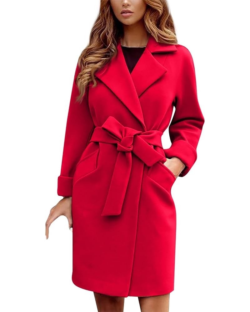 Wool Trench Coat for Women with Belt Mid-Length Lapel Collar Long Sleeve Solid Color Open Front Trendy Winter Coats 02-red $1...