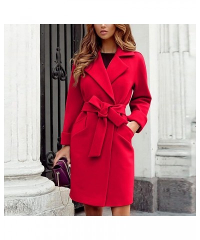 Wool Trench Coat for Women with Belt Mid-Length Lapel Collar Long Sleeve Solid Color Open Front Trendy Winter Coats 02-red $1...