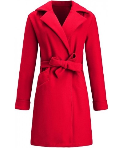 Wool Trench Coat for Women with Belt Mid-Length Lapel Collar Long Sleeve Solid Color Open Front Trendy Winter Coats 02-red $1...