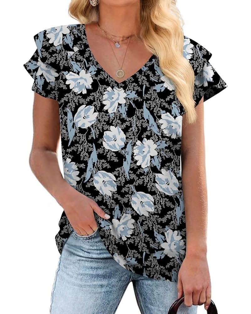 Womens Casual Tops Summer Ruffle Short Sleeve Tunic V Neck Loose Fit Flowy T Shirts White Lily $13.49 Tops