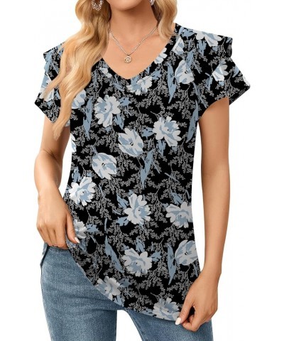 Womens Casual Tops Summer Ruffle Short Sleeve Tunic V Neck Loose Fit Flowy T Shirts White Lily $13.49 Tops