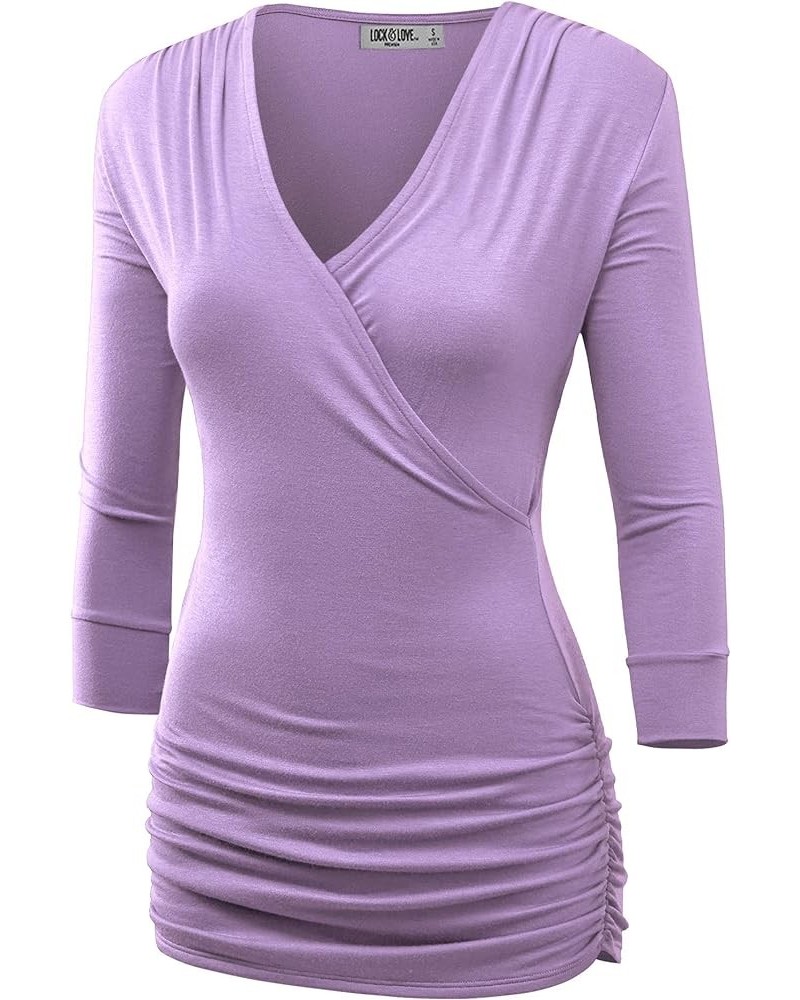 Women's 3/4 Sleeve Cross Front Wrapped V Neck Top S-3XL Wt1255_lilac $9.56 Tops