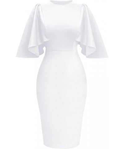 Women's Ruffle Flared Sleeve Bodycon Pencil Formal Cocktail Midi Dress White $18.89 Dresses