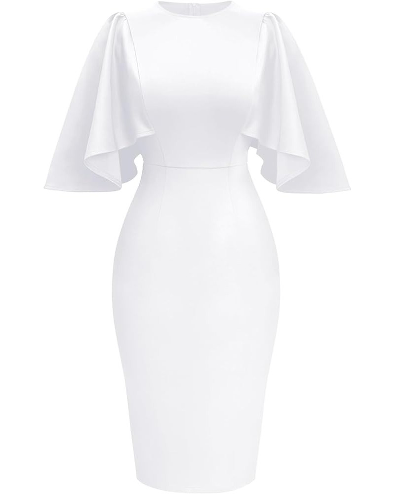 Women's Ruffle Flared Sleeve Bodycon Pencil Formal Cocktail Midi Dress White $18.89 Dresses