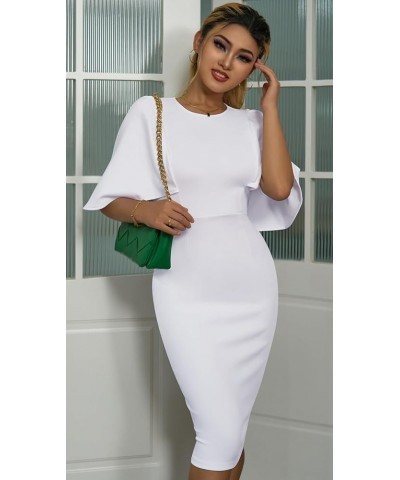 Women's Ruffle Flared Sleeve Bodycon Pencil Formal Cocktail Midi Dress White $18.89 Dresses