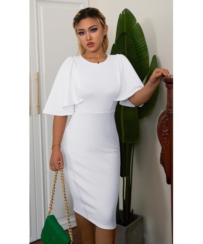 Women's Ruffle Flared Sleeve Bodycon Pencil Formal Cocktail Midi Dress White $18.89 Dresses