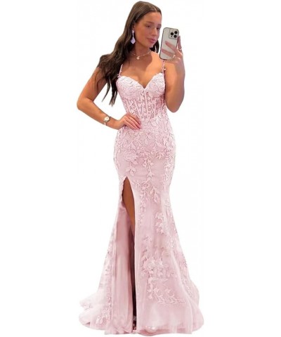 Mermaid Lace Prom Dresses for Women Spaghetti Strap Corset Formal Evening Party Dress with Slit Blush Pink $34.00 Dresses