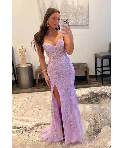 Mermaid Lace Prom Dresses for Women Spaghetti Strap Corset Formal Evening Party Dress with Slit Blush Pink $34.00 Dresses