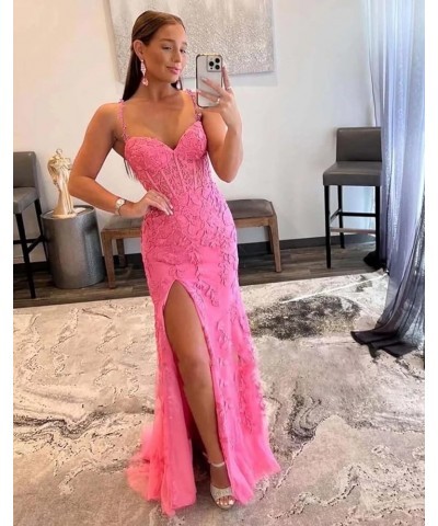 Mermaid Lace Prom Dresses for Women Spaghetti Strap Corset Formal Evening Party Dress with Slit Blush Pink $34.00 Dresses