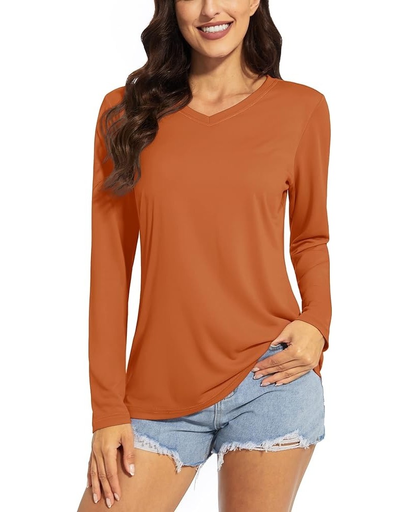 Women's UPF 50+ Sun Protection V Neck Long Sleeve Tops Quick Dry Hiking Running Workout T-Shirts Dark Orange $11.49 Activewear