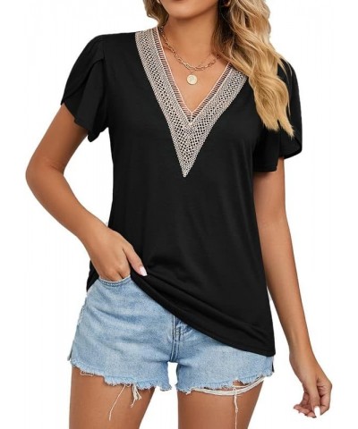 Women's Casual Petal Sleeve Lace Trim V Neck Tops 2023 Summer Loose Tee Shirts Blouse Black $10.19 Blouses