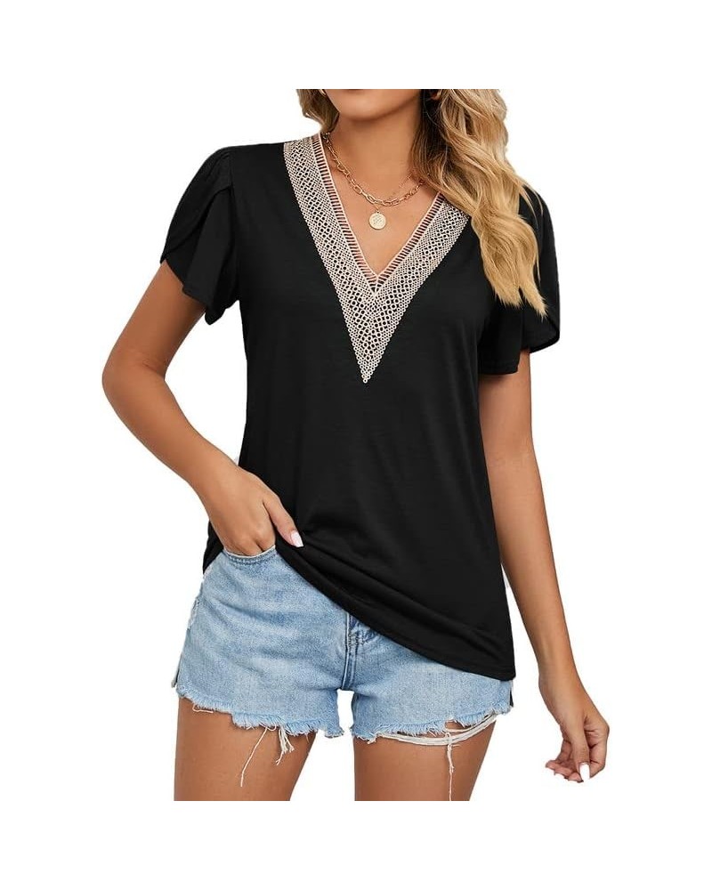 Women's Casual Petal Sleeve Lace Trim V Neck Tops 2023 Summer Loose Tee Shirts Blouse Black $10.19 Blouses