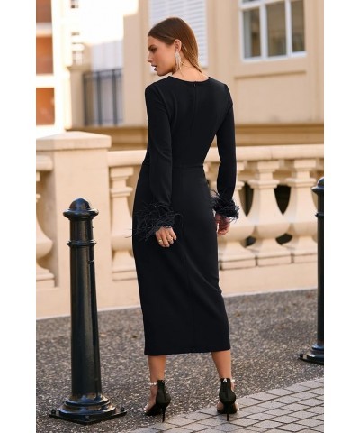 Women's 2024 Fall Long Sleeve Dress Formal Midi Bodycon Wrap Slit Feather Elegant Wedding Guest Cocktail Dresses Black $27.72...