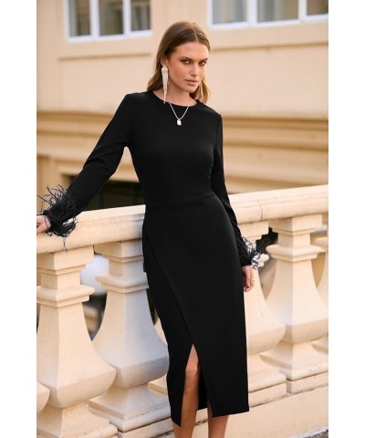 Women's 2024 Fall Long Sleeve Dress Formal Midi Bodycon Wrap Slit Feather Elegant Wedding Guest Cocktail Dresses Black $27.72...