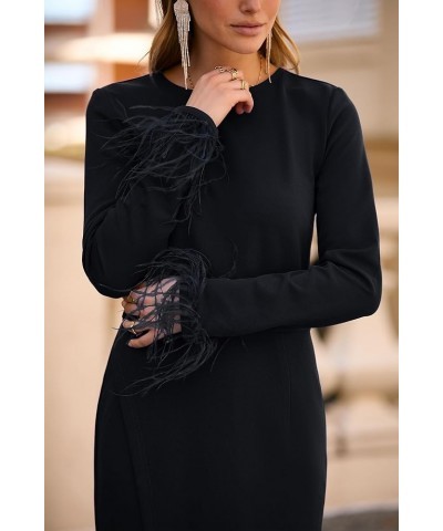 Women's 2024 Fall Long Sleeve Dress Formal Midi Bodycon Wrap Slit Feather Elegant Wedding Guest Cocktail Dresses Black $27.72...