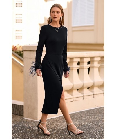 Women's 2024 Fall Long Sleeve Dress Formal Midi Bodycon Wrap Slit Feather Elegant Wedding Guest Cocktail Dresses Black $27.72...