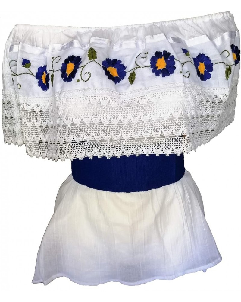 White Off Shoulder Loose Blouse One Size Embroidered Ruffle with Waist Red Belt Blue $23.75 Blouses