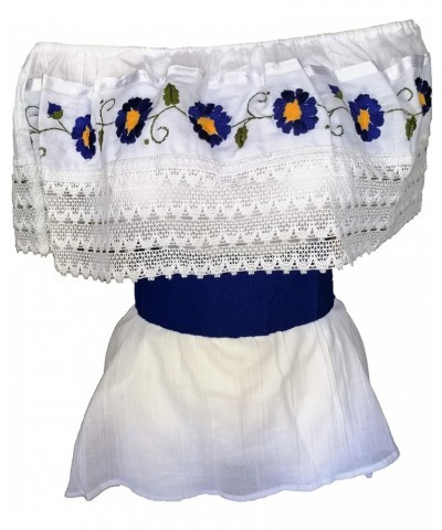 White Off Shoulder Loose Blouse One Size Embroidered Ruffle with Waist Red Belt Blue $23.75 Blouses