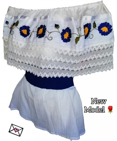 White Off Shoulder Loose Blouse One Size Embroidered Ruffle with Waist Red Belt Blue $23.75 Blouses