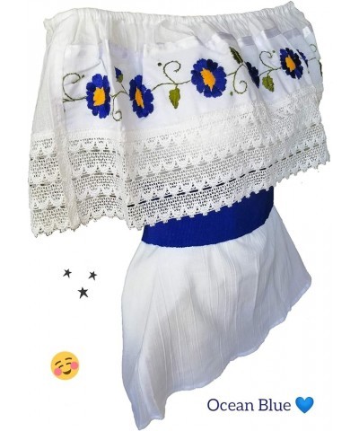 White Off Shoulder Loose Blouse One Size Embroidered Ruffle with Waist Red Belt Blue $23.75 Blouses