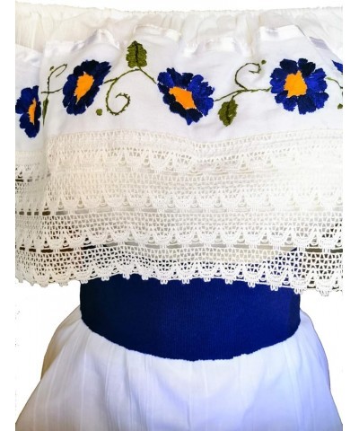 White Off Shoulder Loose Blouse One Size Embroidered Ruffle with Waist Red Belt Blue $23.75 Blouses