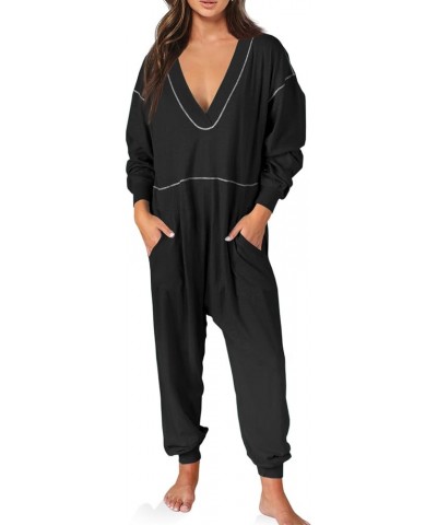 Women's Casual Long Sleeve Jumpsuits V Neck Loose Jogger Long Pants Rompers with Pockets Black $21.72 Jumpsuits