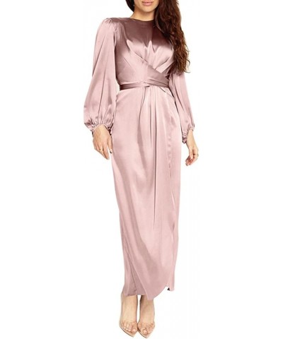 Muslim Women Satin Abaya Balloon Sleeve Wrap Front Maxi Dress Middle East Islamic Long Gown 20460-pink $19.03 Dresses