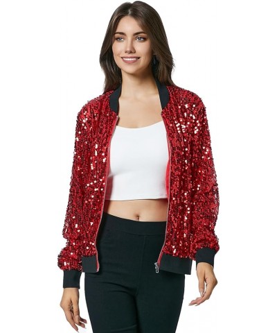 Women's Sequin Long Sleeve Front Zip Bomber Jacket with Ribbed Cuffs Red $24.98 Jackets