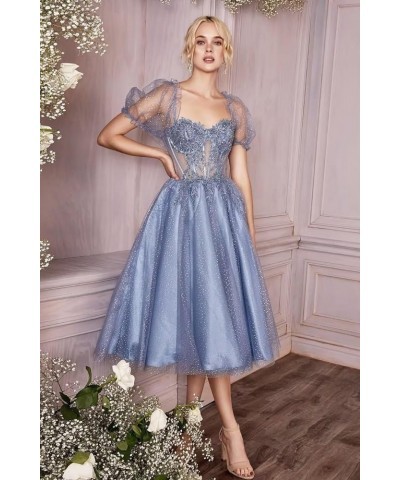 Glitter Tulle Tea Length Prom Dresses Sparkly Lace 3D Flower Puffy Sleeve Formal Evening Party Gown for Women Blue $33.00 Dre...