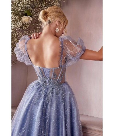 Glitter Tulle Tea Length Prom Dresses Sparkly Lace 3D Flower Puffy Sleeve Formal Evening Party Gown for Women Blue $33.00 Dre...