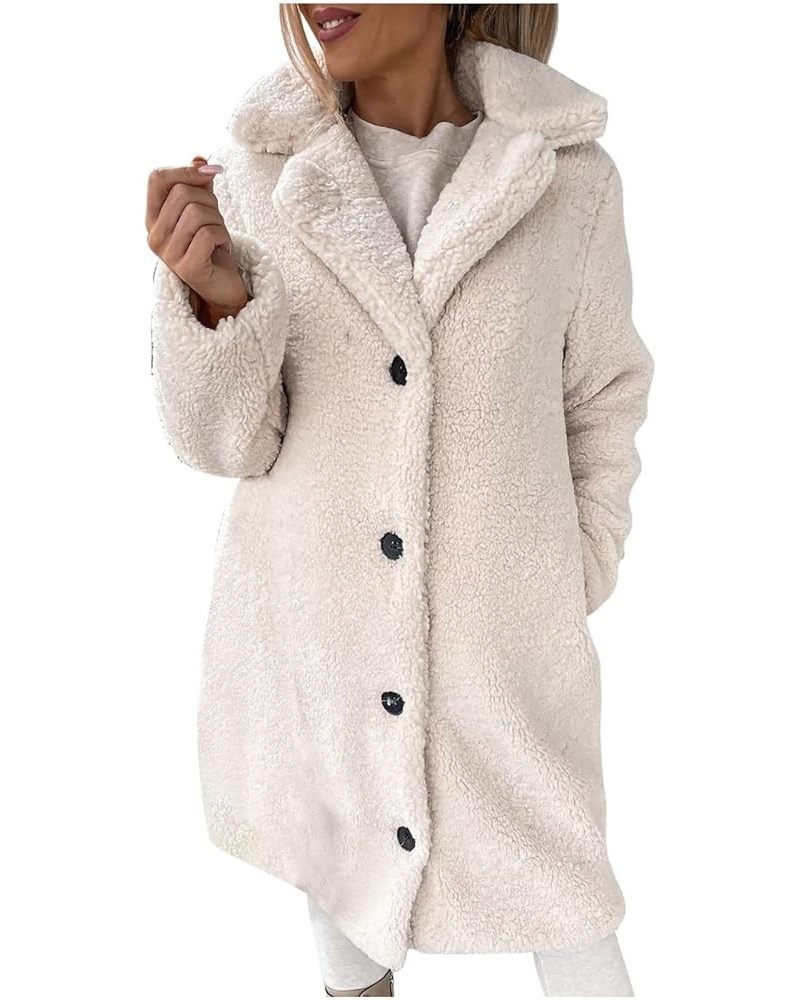 Womens Winter Coats Sherpa Fleece Overcoat Lapel Button Teddy Bear Jackets Warm Plush Mid Length Plus Size Outerwear A01_beig...