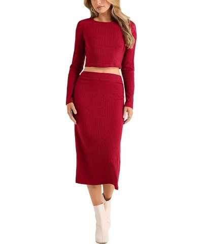 Women's 2024 Fall 2 Piece Outfits Tracksuit Rib Knit Crop Tops And Slit Midi Bodycon Skirt Dress Sets Red $11.79 Activewear