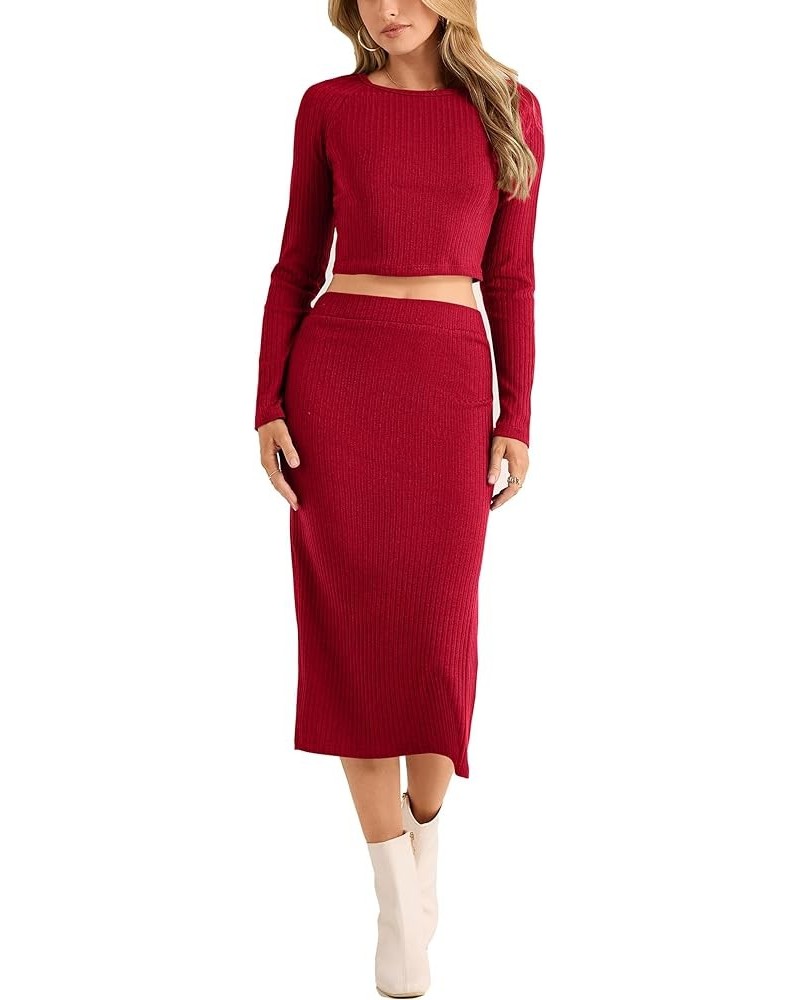 Women's 2024 Fall 2 Piece Outfits Tracksuit Rib Knit Crop Tops And Slit Midi Bodycon Skirt Dress Sets Red $11.79 Activewear