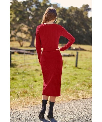 Women's 2024 Fall 2 Piece Outfits Tracksuit Rib Knit Crop Tops And Slit Midi Bodycon Skirt Dress Sets Red $11.79 Activewear