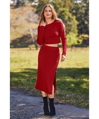 Women's 2024 Fall 2 Piece Outfits Tracksuit Rib Knit Crop Tops And Slit Midi Bodycon Skirt Dress Sets Red $11.79 Activewear