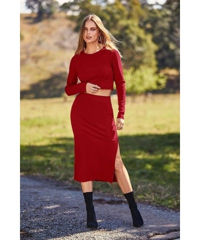 Women's 2024 Fall 2 Piece Outfits Tracksuit Rib Knit Crop Tops And Slit Midi Bodycon Skirt Dress Sets Red $11.79 Activewear