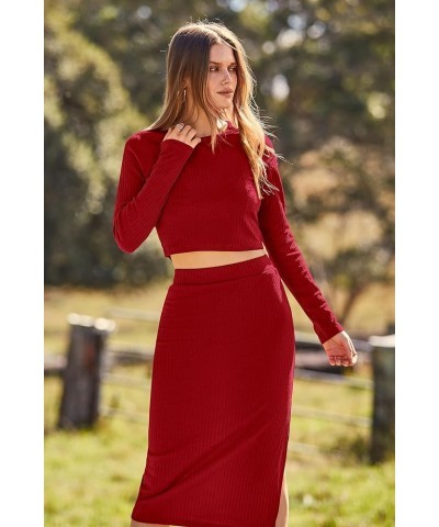 Women's 2024 Fall 2 Piece Outfits Tracksuit Rib Knit Crop Tops And Slit Midi Bodycon Skirt Dress Sets Red $11.79 Activewear