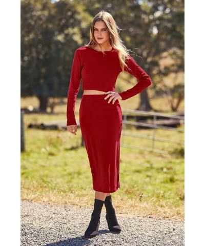 Women's 2024 Fall 2 Piece Outfits Tracksuit Rib Knit Crop Tops And Slit Midi Bodycon Skirt Dress Sets Red $11.79 Activewear