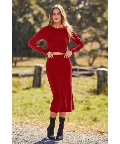 Women's 2024 Fall 2 Piece Outfits Tracksuit Rib Knit Crop Tops And Slit Midi Bodycon Skirt Dress Sets Red $11.79 Activewear