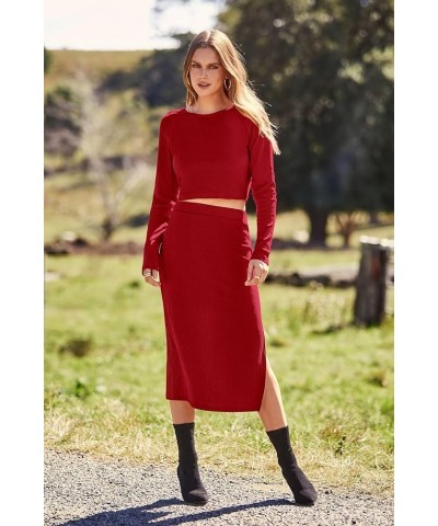 Women's 2024 Fall 2 Piece Outfits Tracksuit Rib Knit Crop Tops And Slit Midi Bodycon Skirt Dress Sets Red $11.79 Activewear