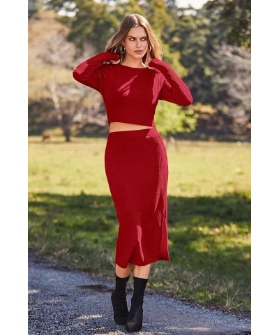 Women's 2024 Fall 2 Piece Outfits Tracksuit Rib Knit Crop Tops And Slit Midi Bodycon Skirt Dress Sets Red $11.79 Activewear