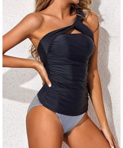 Two Piece Tankini Swimsuits for Women One Shoulder Bathing Suits Swim Top with Bottom Black Stripe $21.83 Swimsuits