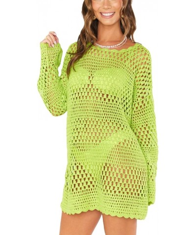 Women Crochet Hollow Out Long Sleeve Beach Shirt Crew Neck Bikini Swimsuit Cover Up See Through Tunic Pullover Tops Green 2 $...