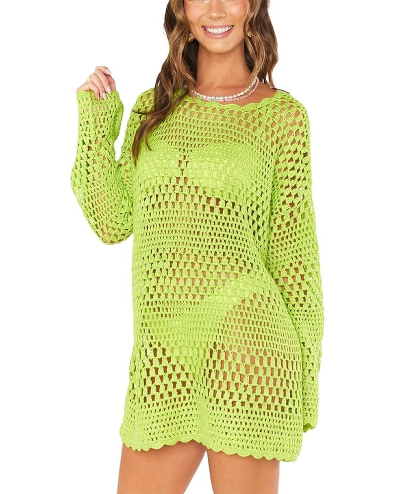 Women Crochet Hollow Out Long Sleeve Beach Shirt Crew Neck Bikini Swimsuit Cover Up See Through Tunic Pullover Tops Green 2 $...