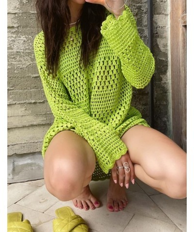 Women Crochet Hollow Out Long Sleeve Beach Shirt Crew Neck Bikini Swimsuit Cover Up See Through Tunic Pullover Tops Green 2 $...