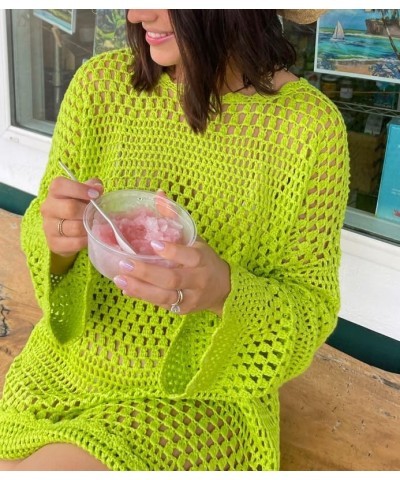 Women Crochet Hollow Out Long Sleeve Beach Shirt Crew Neck Bikini Swimsuit Cover Up See Through Tunic Pullover Tops Green 2 $...