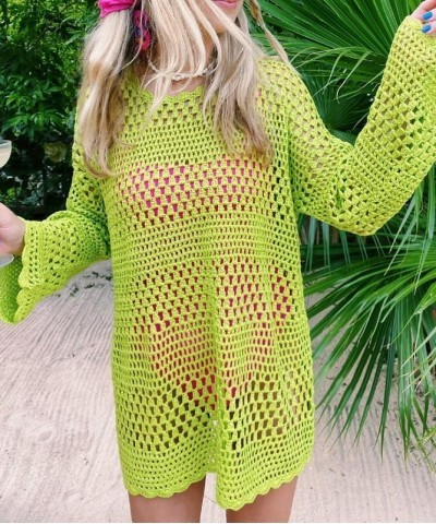 Women Crochet Hollow Out Long Sleeve Beach Shirt Crew Neck Bikini Swimsuit Cover Up See Through Tunic Pullover Tops Green 2 $...