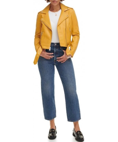 Women's Belted Faux Leather Moto Jacket (Regular & Plus Size) Gold $32.08 Coats